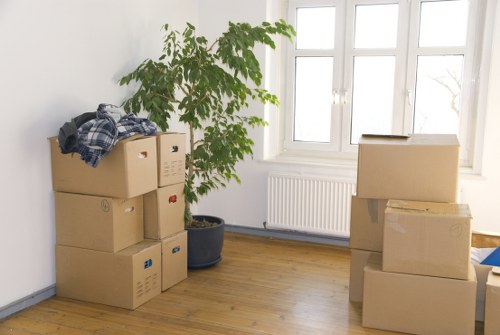 Final moving day handover with boxes and furniture ready for transport